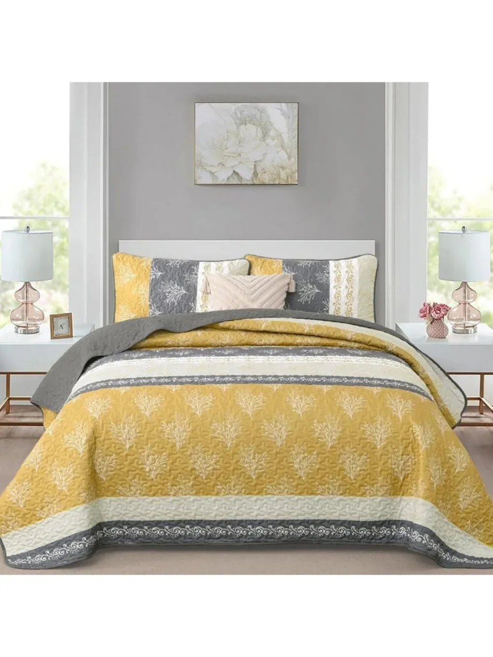 Boho Lightweight Queen Quilt Set, Striped Branch Bedspread in Yellow - Cozy